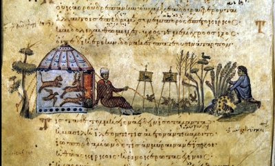 Die Vogeljagd auf Ruf. Griechisches Manuskript von Oppianus De Venatione von Greek School