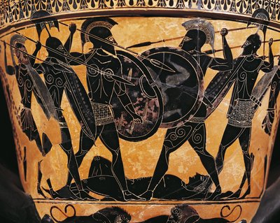 Griechische Zivilisation, schwarzfigurige Keramik, Krater, der den Kampf um den Körper des Patroklos darstellt, aus Farsala, Griechenland von Greek School