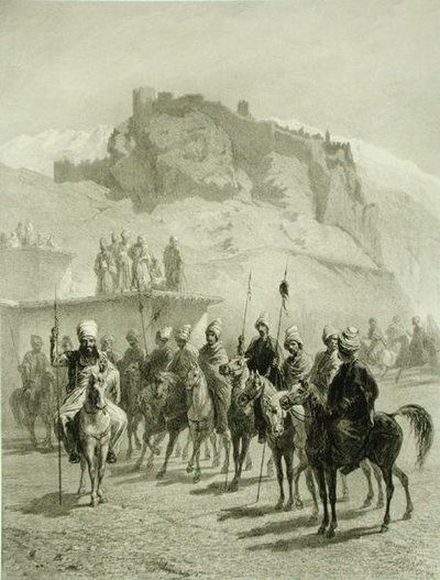 Schloss von Atskhour, Akhaltsik, Platte 10 aus einem Buch über den Kaukasus, graviert von Adolphe Mouilleron, veröffentlicht von Alfred Leon Lemercier, Paris von Grigori Grigorevich (after) Gagarin