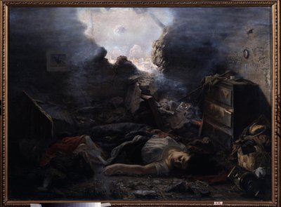 Die Belagerung von Sewastopol. Beschreibung der Gräueltaten des Krimkrieges (1853-1856), während der Belagerung von Sewastopol 1854. Die Leichen einer Frau und ihres Babys liegen auf dem Boden ihres Hauses mit abgerissener Wand von Grigori Grigoryevich Myasoedov