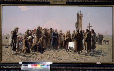 Russische Bauern und ein orthodoxer Priester beten während einer Dürre von Grigori Grigoryevich Myasoedov