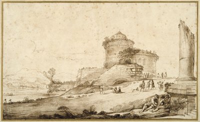 Landschaft mit einer gebrochenen Säule, einer Burg und zahlreichen Figuren im Vordergrund rechts von Guercino