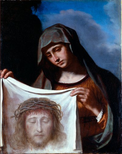 Heilige Veronika. Das Heilige Schweißtuch zeigt das Gesicht Christi, dessen Schweiß Veronika während des Aufstiegs nach Golgatha abgewischt haben soll von Guercino
