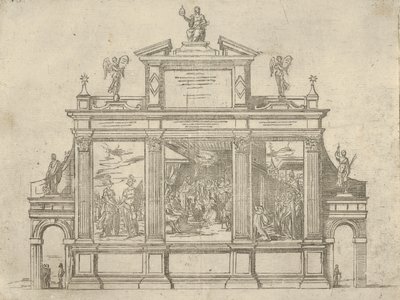 Fassade eines Triumphdenkmals mit drei Szenen, die Taten von Papst Clemens VIII. darstellen, eine temporäre Dekoration, 1598 von Guido Reni