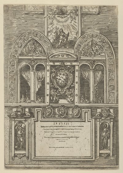 Fassade des Palazzo del Senato in Bologna mit den päpstlichen Wappen in der Mitte, mit temporären Dekorationen, 1598 von Guido Reni
