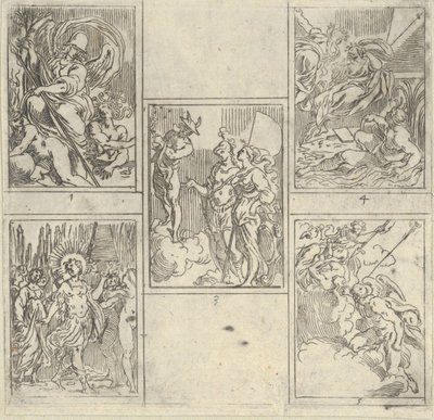 Fünf nummerierte Szenen, jede nach einem Maler in der Accademia Degl