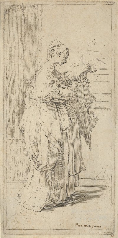 Mädchen, das ein Kissen trägt, im Profil nach rechts gesehen, 1590-1690 von Guido Reni