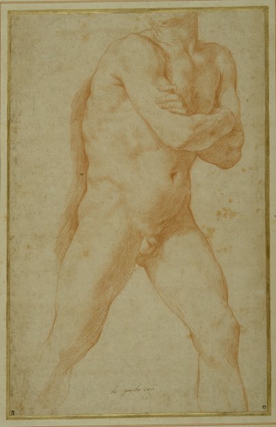 Nackter Mann schreitet vorwärts, mit verschränkten Armen und Blick über die rechte Schulter von Guido Reni