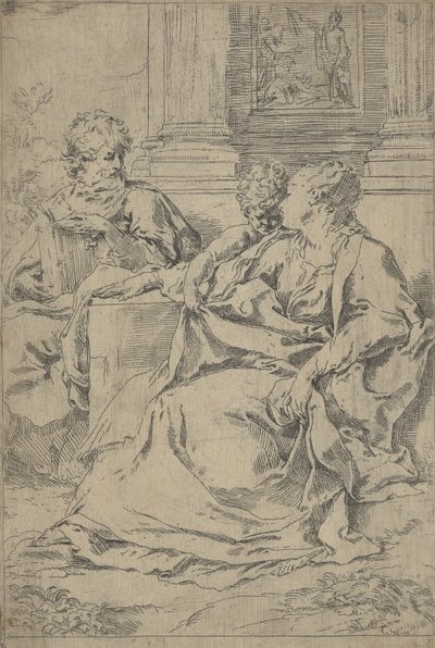 Die Heilige Familie sitzt zusammen vor einer Kolonnade, Josef liest von Guido Reni