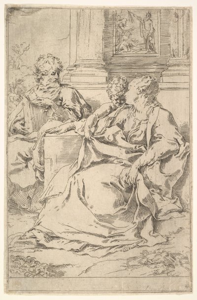 Die Heilige Familie mit biblischer Szene im Hintergrund von Guido Reni
