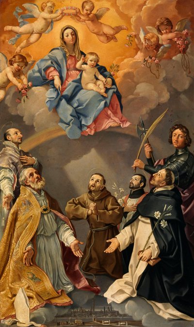 Die Jungfrau mit dem Kind und den Schutzheiligen der Stadt Bologna (die Heiligen Ignatius von Loyola, Petronius, Proculus, Franz von Assisi, Franz Xaver, Dominikus und Florianus) von Guido Reni