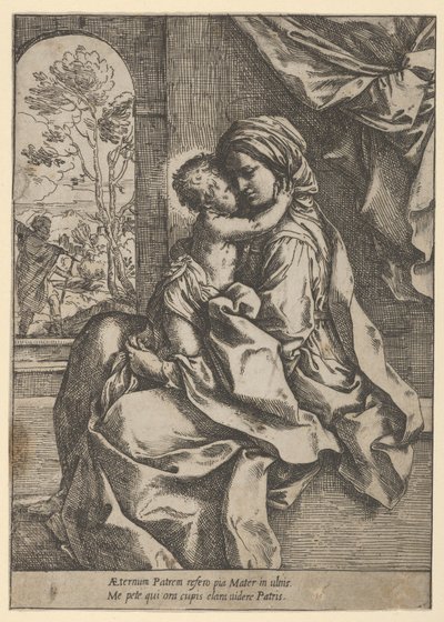 Die Jungfrau, die mit dem Christuskind auf ihrem Schoß sitzt und ihn umarmt, Joseph im Hintergrund, ca. 1600-1613 von Guido Reni