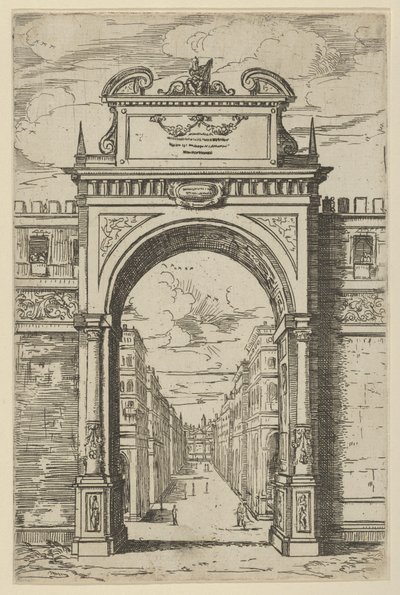 Triumphbogen mit einer Statue von Moses, Gebäude durch den Bogen sichtbar... von Guido Reni
