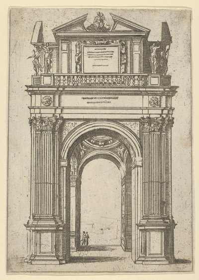Triumphbogen mit einer Frau auf einem Delphin, vier stehenden Figuren und einem Tempel von Guido Reni