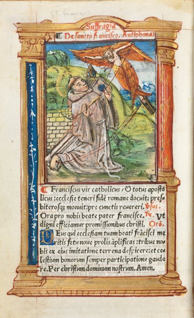 Gedrucktes Stundenbuch (Gebrauch von Rom): fol. 106v, Heiliger Franz von Assisi von Guillaume Le Rouge