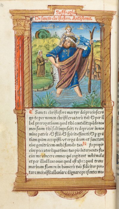 Gedrucktes Stundenbuch Gebrauch von Rom: fol. 101v, St. Christophorus von Guillaume Le Rouge