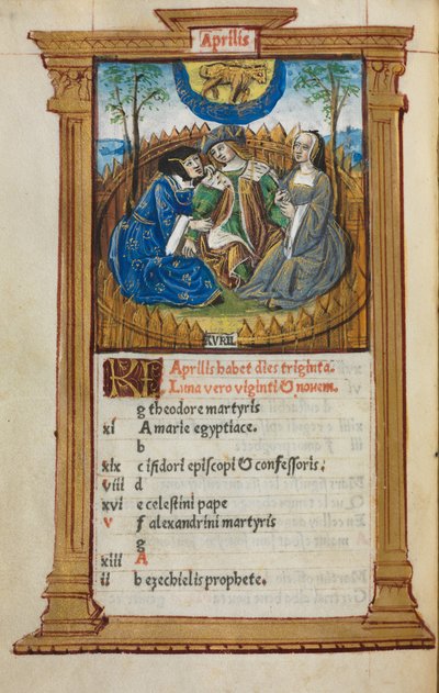 Gedrucktes Stundenbuch Gebrauch von Rom: fol. 5v, April Kalenderillustration, 1510 von Guillaume Le Rouge