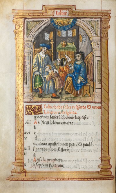 Gedrucktes Stundenbuch Gebrauch von Rom: fol. 8v, Juli Kalenderillustration, 1510 von Guillaume Le Rouge