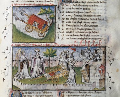 Wie Venus ankommt und die von Eifersucht erbaute Burg stürmt, Miniatur von Guillaume Lorris aus dem Manuskript Le Romanesque de la Rose von Guillaume de Lorris