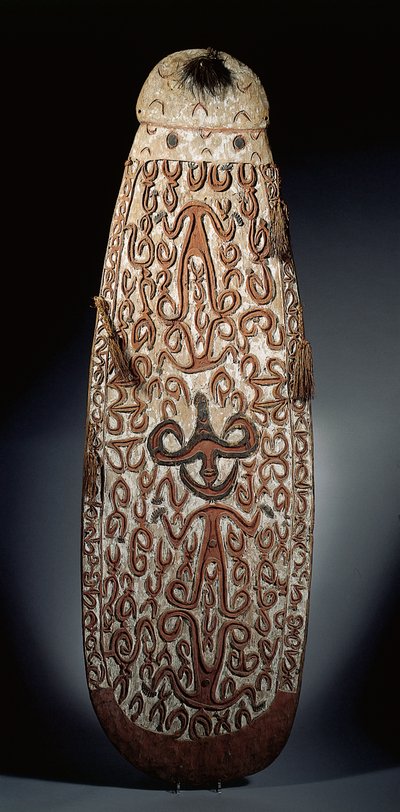 Ovaler Asmat-Schild, reliefartig geschnitzt mit scrollenden Ornamenten, die stark stilisierte Figuren einbeziehen, geflochtene Quasten am Rand von Guinean New