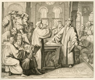 Luther und Ulrich Zwingli (1494-1531) diskutieren über das Sakrament und kommen zu keiner Einigung, in Marburg 1529 von Gustav Ferdinand Leopold Konig