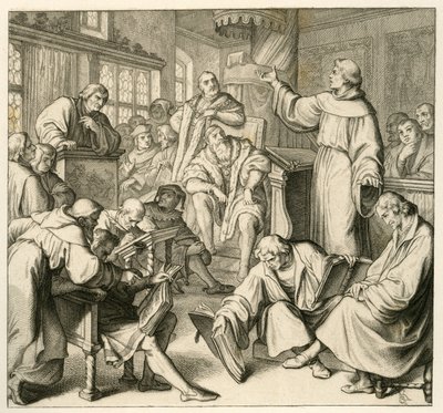 Martin Luther im Gespräch mit Dr. Johannes Eck (Johann Maier von Eck), auf der Seite Luthers sind Philipp Melanchthon (1497-1560) und Karlstadt (Andreas Rudolf Bodenstein von Karlstadt) von Gustav Ferdinand Leopold Konig