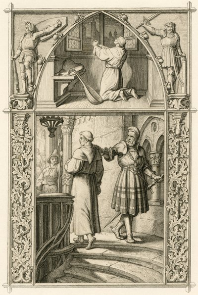 Martin Luther bereitet sich durch ein Gebet auf das Treffen mit dem Kaiser vor (Bild oben); Hauptbild: Luther trifft den Ritter Georg von Frundsberg von Gustav Ferdinand Leopold Konig