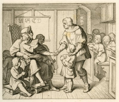 Martin Luthers Einschreibung in die Schule in Mansfeld, in dieser Illustration zusammen mit seinem Vater Hans von Gustav Ferdinand Leopold Konig