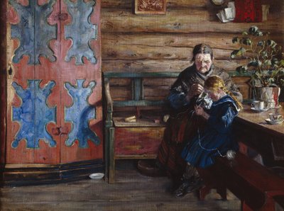 Bauernhofinterieur mit Enkelin von Gustav Wentzel