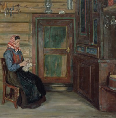 Bauernhofinterieur mit strickender Frau von Gustav Wentzel