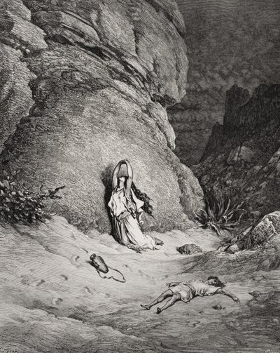 Hagar und Ismael in der Wüste, Illustration aus Dores 
