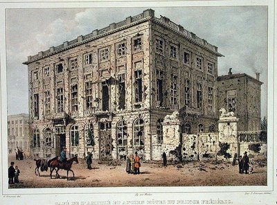 Das Cafe Amitie und das Alte Hotel du Prince Frederic, Brüssel, nach den Kämpfen vom 23.-26. September 1830, graviert von Jean Baptiste Madou von Gustave Adolphe (after) Simoneau