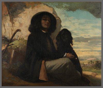 Selbstporträt genannt Courbet mit schwarzem Hund von Gustave Courbet