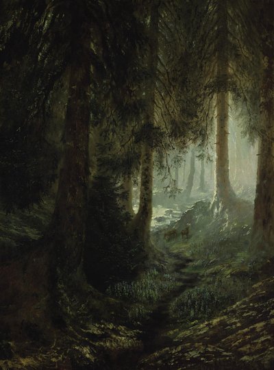 Hirsch in einer Waldlandschaft von Gustave Dore