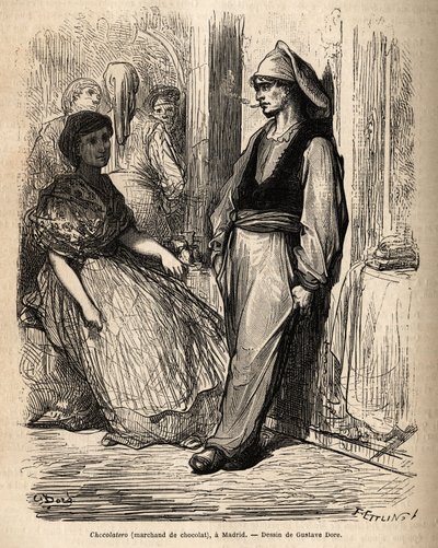 Ein Schokoladenhändler im Freien, Skizze lebhaft aufgenommen in Madrid. Gravur von Gustave Dore (1832-1883) zur Illustration seiner Reise nach Spanien, mit Ch. Davillier (Herausgeber), 1862, veröffentlicht in „Le tour du monde“ 1869, herausgegeben von Edou von Gustave Dore