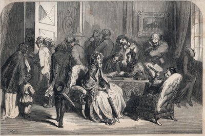 Das Wartezimmer eines Zahnarztes. Zeichnung von Gustave Doré (1832-1883). Gravur in „Le Monde illustre“ von 1862. Private Sammlung von Gustave Dore