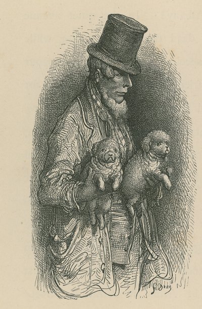 Ein Mann mit Zylinder, der zwei Hunde in den Händen hält von Gustave Dore