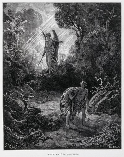 Adam und Eva werden von einem Engel aus dem Garten Eden verbannt, Illustration aus der Dore-Bibel von Gustave Dore