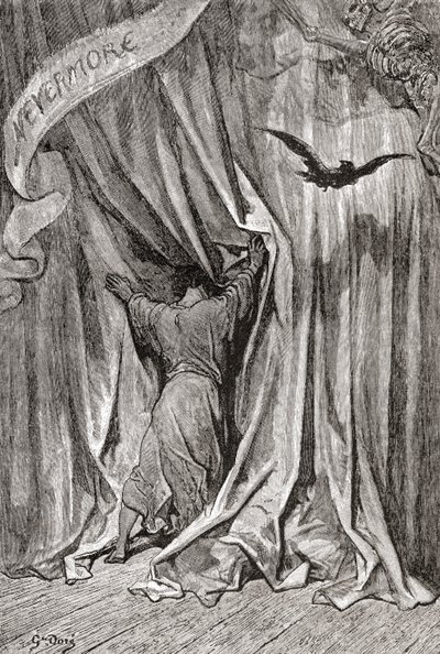 Nach einer Zeichnung von Gustave Doré für Edgar Allan Poes Gedicht Der Rabe. Aus Leben und Erinnerungen von Gustave Doré, veröffentlicht 1885. von Gustave Dore