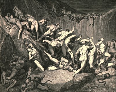 Mitten in diesem schrecklichen Überfluss an Elend rannten nackte Geister mit schrecklicher Angst, um 1890 von Gustave Dore