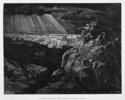 Ein Engel mit Johannes dem Täufer vor Jerusalem, Illustration aus der Dore-Bibel von Gustave Dore
