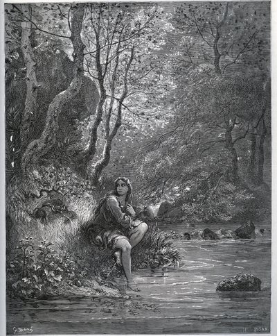 Erscheinung von Dorothee in Bauernkleidung - aus „Don Quijote von der Mancha“ von Miguel Cervantes (1547-1616) - Holzschnitt nach einer Zeichnung von Gustave Doré von Gustave Dore