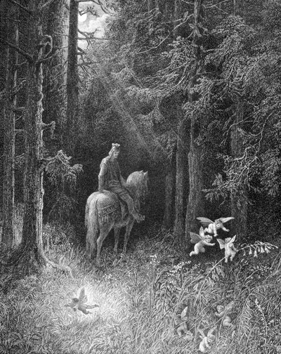 Als er die dunklen Wälder durchquerte, sah er selbst 3 Geister vor Freude verrückt an der Seite der Straße auf einer großen Blume springen (ein Ritter der Tafelrunde trifft die drei Geister im Wald von Brocéliande) - in „Junièvre“ von Alfred Tennyson, ill. von Gustave Dore
