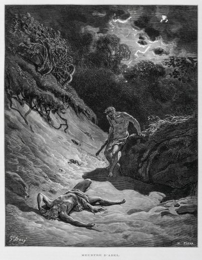 Kain tötet seinen Bruder Abel, Illustration aus der Dore-Bibel von Gustave Dore