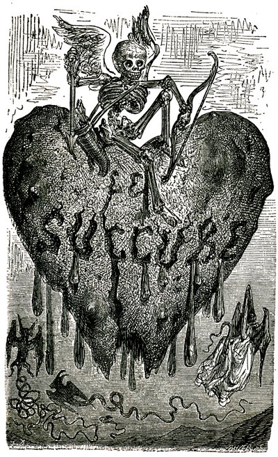 Kapitelkopf-Illustration von Gustave Doré für die Drolatischen Geschichten (1855) von Honoré de Balzac (1799-1850): der Succubus (Vampir) - Skelett, Tod, Herz, Blut von Gustave Dore
