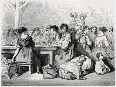 Zigarrenarbeiterinnen von Sevilla. Herstellung von Zigarren, Arbeiter, Tabak. Zeichnung von Gustave Doré zur Illustration des „Voyage en Espagne“ von Charles Davillier von Gustave Dore