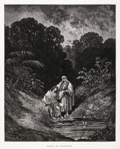 David und Jonathan, heroische Figuren des Königreichs Israel, die einen Freundschaftsbund schlossen, aufgezeichnet in den Büchern Samuel, Illustration aus der Dore-Bibel von Gustave Dore