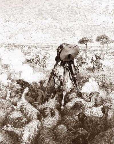 Don Quijote greift die Schafherde an. Gravur von Gustave Doré für „Der sinnreiche Junker Don Quijote von der Mancha“ von Miguel de Cervantes, 1863 von Gustave Dore