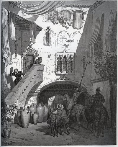 Don Quijote und Sancho Panza, eingeladen von Don Diego de Miranda zu Hause, werden von der Frau und dem Sohn des Gentlemans begrüßt - aus „Don Quijote von der Mancha“ von Miguel Cervantes (1547-1616) - Holzschnitt nach einer Zeichnung von Gustave Doré von Gustave Dore