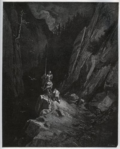 Don Quijote und Sancho Panza versinken in der Sierra Morena - aus „Don Quijote de la Mancha“ von Miguel Cervantes (1547-1616) (Don Quijote) - Holzschnitt nach einer Zeichnung von Gustave Dore. von Gustave Dore